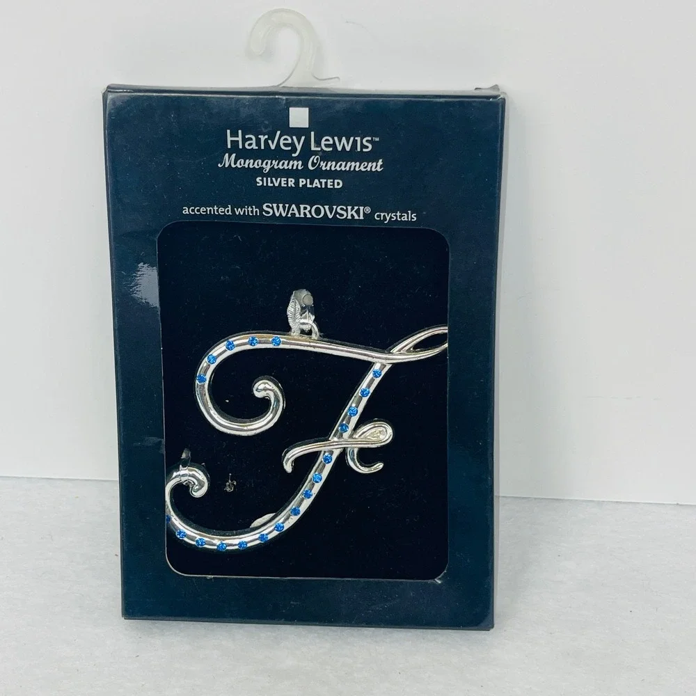 Harvey Lewis Monogram Ornament Letter F Silver Plated Swarovski Crystals Blue